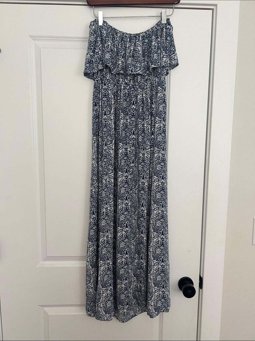Strapless Ruffle Maxi Dress in Navy and White